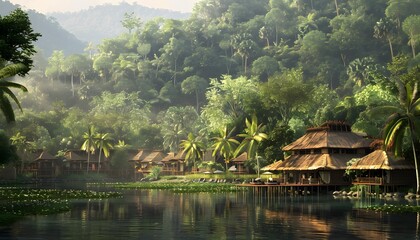 Obraz premium Village house by the river, with fantasy style, painting style, generated by AI