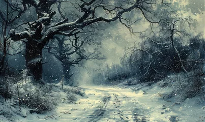 Fototapeten snow laden trees whispered ancient secrets, their branches reaching  © jamrut