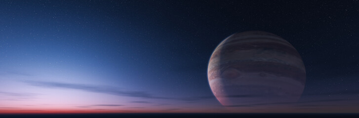 Fototapeta na wymiar Sci-fi Colorful Cloudscape Sky Background with Jupiter planet. 3d Rendering Artwork