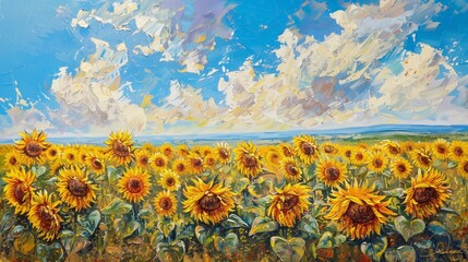 A vibrant field of blooming sunflowers stretching towards the horizon, their bright yellow petals...