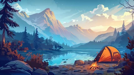 Fototapete Rund illustration captures the essence of camping, with a picturesque landscape that includes a cozy tent set against a backdrop © Chingiz