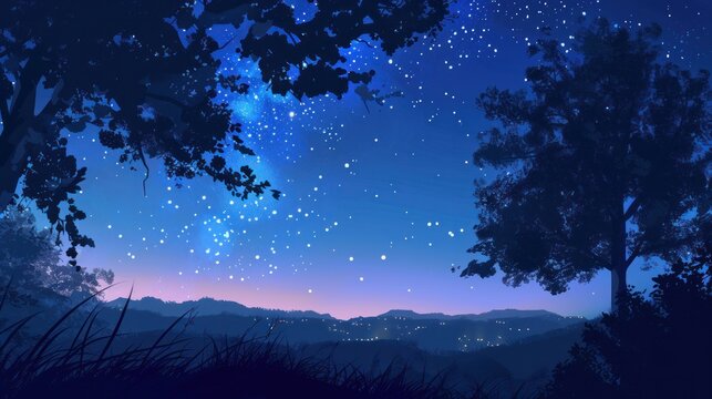 A breathtaking view of the night sky, adorned with twinkling stars and a luminous moon