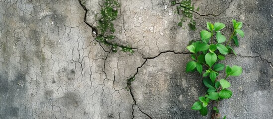 A resilient plant defies the constraints of a cracked and mossy concrete wall, showcasing the tenacity of nature in an urban environment.