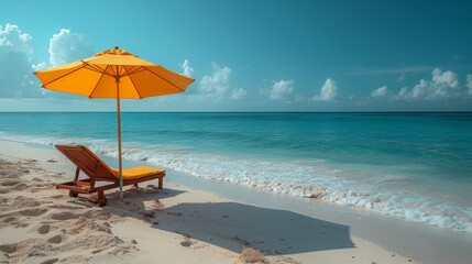 Beach chair and yellow umbrella with blue sky and ocean background