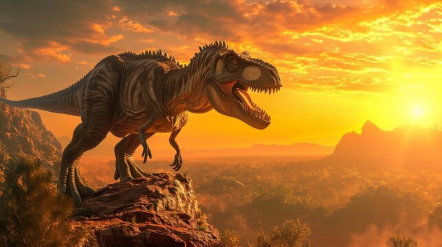 A majestic Tyrannosaurus rex surveys the savannah from a rocky outcrop its sharp teeth glinting in the golden light.
