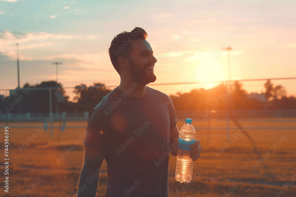 Sticker Happy young man on the outdoor training holding a bottle of water