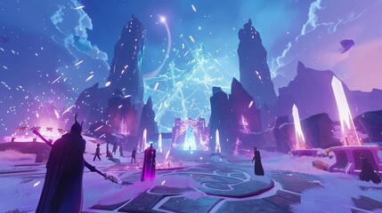 A virtual reality gaming arena with players immersed in thrilling battles and epic quests, their avatars wielding magical weapons and casting powerful spells.