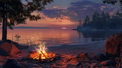 campfire on the beach, under the summer stars, kindles warm - obrazy, fototapety, plakaty