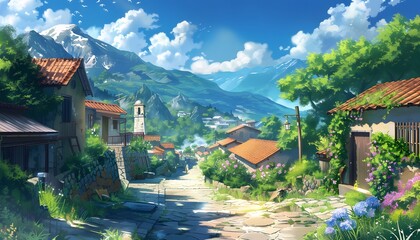 Obraz premium Village house with Mountain view, fantasy style, painting style, generated by AI