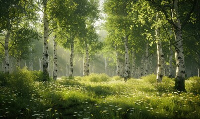 towering trees create a canopy of greenery and sunlight filters through the branches, casting dappled shadows on the forest floor