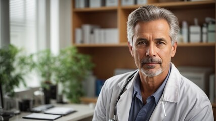 Portrait of a doctor, handsome doctor wearing apron and stethoscope in his office Generative AI