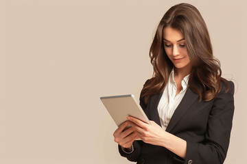 Fototapeta premium Smiling young business woman using tablet isolated on white background
