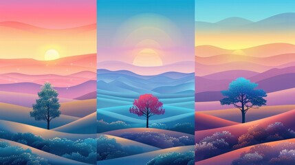 the serene beauty of nature landscapes across various times of the day, highlighted by gentle color transitions - obrazy, fototapety, plakaty