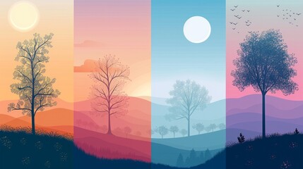 the serene beauty of nature landscapes across various times of the day, highlighted by gentle color transitions