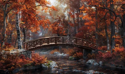 Foto auf Acrylglas autumn as leaves blaze with vibrant shades of red, orange, and gold. rustic wooden bridge spans © jamrut