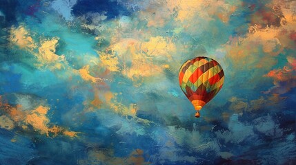 Obraz na płótnie Canvas A whimsical hot air balloon floating gracefully through the cloud-streaked sky, its colorful canopy casting a kaleidoscope of hues against the azure backdrop.