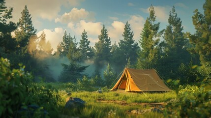 A solitary tourist tent pitched in a serene forest camp - obrazy, fototapety, plakaty