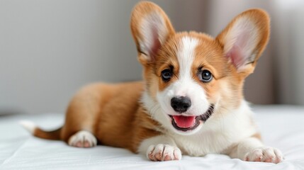 Adorable puppy with floppy ears posing playfully on a white surface, radiating happiness and joy.