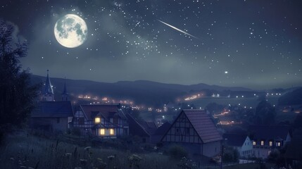A nostalgic scene of a vintage town under the night sky, illuminated by a moon and a single star