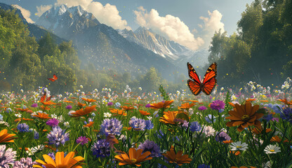 Wildflower Meadow Immerse yourself in a riot of color as wildflowers blanket a sun-drenched meadow in a vibrant tapestry of hues. Butterflies flit from flower to flower, adding to the natural splendor - obrazy, fototapety, plakaty
