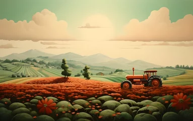 Foto op Canvas tractor surrounded with field, cartoon drawing illustration © kittima