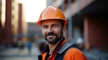 A focused worker, helmet-clad, stands tall in the foreground, while the dynamic construction site forms a bustling backdrop.