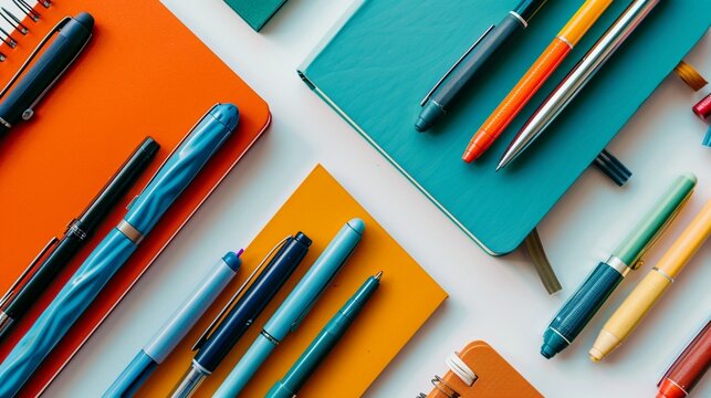 An array of vibrant pens, open books, and colorful inkpots arranged neatly on a white surface, inspiring creativity and imagination.