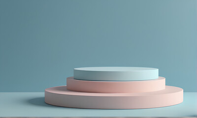Abstract empty podium on sky blue background with pedestal for minimal presentation of products. 3d rendering
