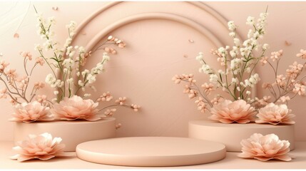 Product presentation round podium with spring flowers on cream color background