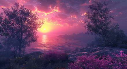 Fototapeta na wymiar Sunrise Serenity Witness the breathtaking beauty of a sunrise over the horizon, as the sky is painted in hues of pink, purple, and gold. Silhouetted trees stand in stark relief against the dawn sky