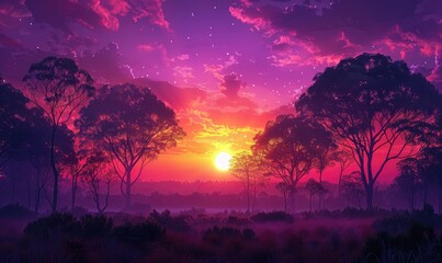 Sunrise Serenity Witness the breathtaking beauty of a sunrise over the horizon, as the sky is painted in hues of pink, purple, and gold. Silhouetted trees stand in stark relief against the dawn sky - Powered by Adobe