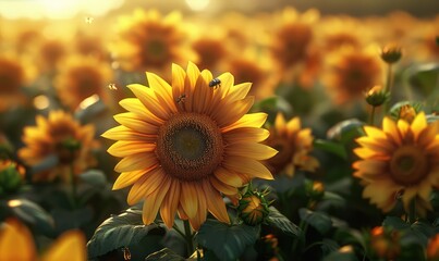 Sunflower Field Bask in the golden glow of a sunflower field in full bloom, where rows of vibrant flowers stretch as far as the eye can see