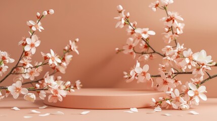 Product presentation round podium with spring flowers on peach fuzz background