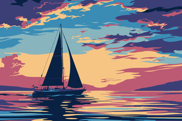 Fototapeta premium Boat Ship In Sunset Illustration
