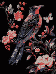 Bird and Flowers Pattern on Black