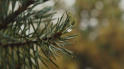 Naklejka na ściany i meble An isolated water droplet perched on the tip of a pine needle, capturing the essence of nature's tranquility in its reflective surface.