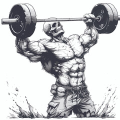 Fototapeta na wymiar Muscle Skull man bodybuilder holding a large barbell with big weights