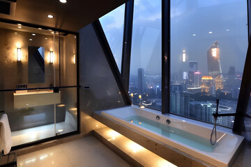 A contemporary attic bathroom with a sleek rectangular bathtub, accentuated by minimalist design, floor-to-ceiling windows, and a panoramic cityscape.