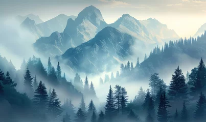 Gordijnen Misty Mountains Journey through mist-shrouded mountains, where wisps of fog cling to rugged peaks and valleys © jamrut