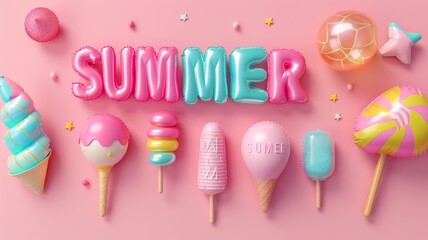 Pink 'SUMMER' balloon letters surrounded by inflatable beach toys and ice creams on a pink background.