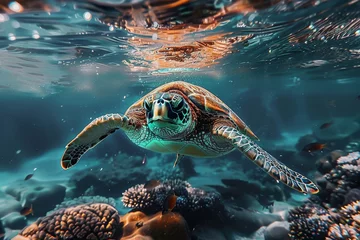 Fotobehang An underwater view of a sea turtle gracefully swimming above a vibrant coral reef. © GreenMOM