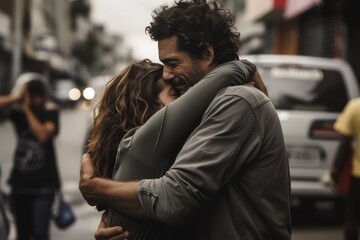Loving couple embracing in a heartfelt reunion on a busy city street.