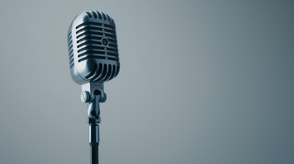 Vintage microphone on a stand against a grey background. studio recording equipment. classic retro style microphone. AI