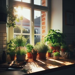 Fototapeta na wymiar An array of potted herbs sit on the window sill to catch early morning sun