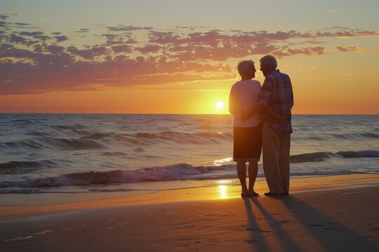 An elderly couple in a loving embrace watches the sunset over the ocean, enjoying a peaceful moment together.