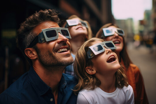 Family Enjoying Solar Eclipse Together with Protective Eyewear
