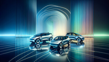 Electric vehicles showcased with photorealistic detail and vibrant geometric simplicity - obrazy, fototapety, plakaty