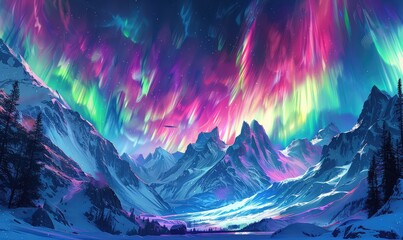 Aurora northern lights, night sky. Silhouetted mountains provide a stunning backdrop for nature's most dazzling display - obrazy, fototapety, plakaty