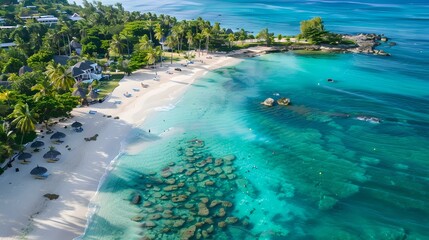Fototapeta na wymiar Serene tropical beach paradise aerial view, clear blue water, vacation concept, relaxing environment. ideal for travel and nature projects. AI