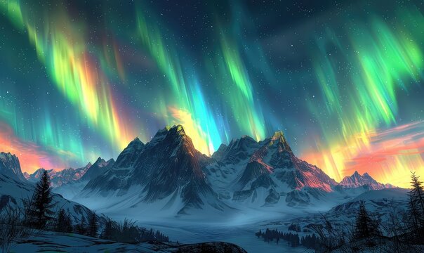 Aurora northern lights, night sky. Silhouetted mountains provide a stunning backdrop for nature's most dazzling display